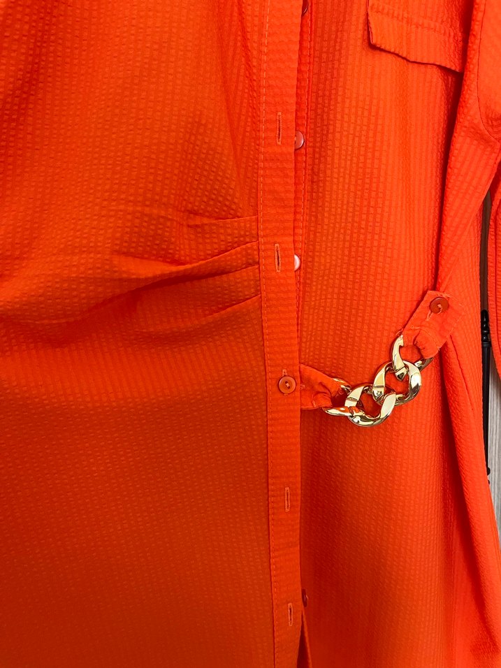 Kemer Detaylı Uzun Turuncu Kadın Gömlek - Görsel 4