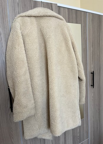 Bej Düğmeli Midi Kadın Peluş Kaban - Görsel 3