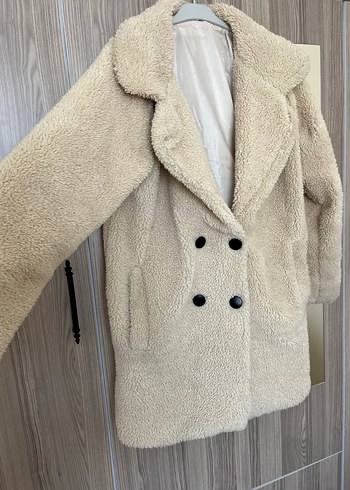 Bej Düğmeli Midi Kadın Peluş Kaban - Görsel 2