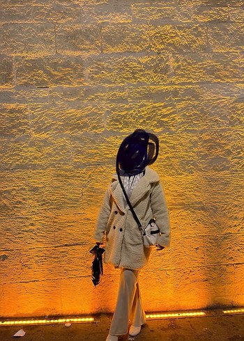 Bej Düğmeli Midi Kadın Peluş Kaban - Görsel 4