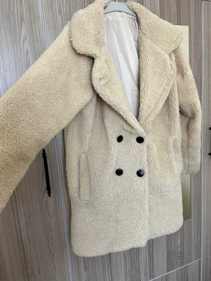 Bej Düğmeli Midi Kadın Peluş Kaban - Görsel 2