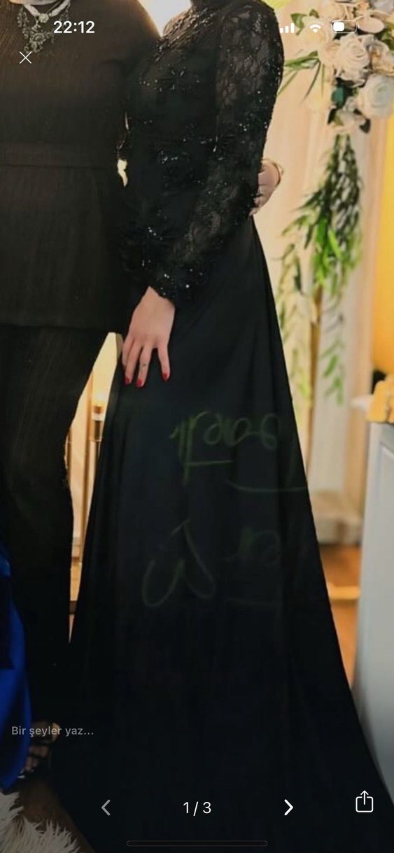 Siyah Dantel Uzun Kollu Uzun Abiye Elbise - Görsel 2