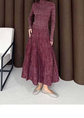 Bordo Parlak Triko Uzun Elbise - Görsel 2