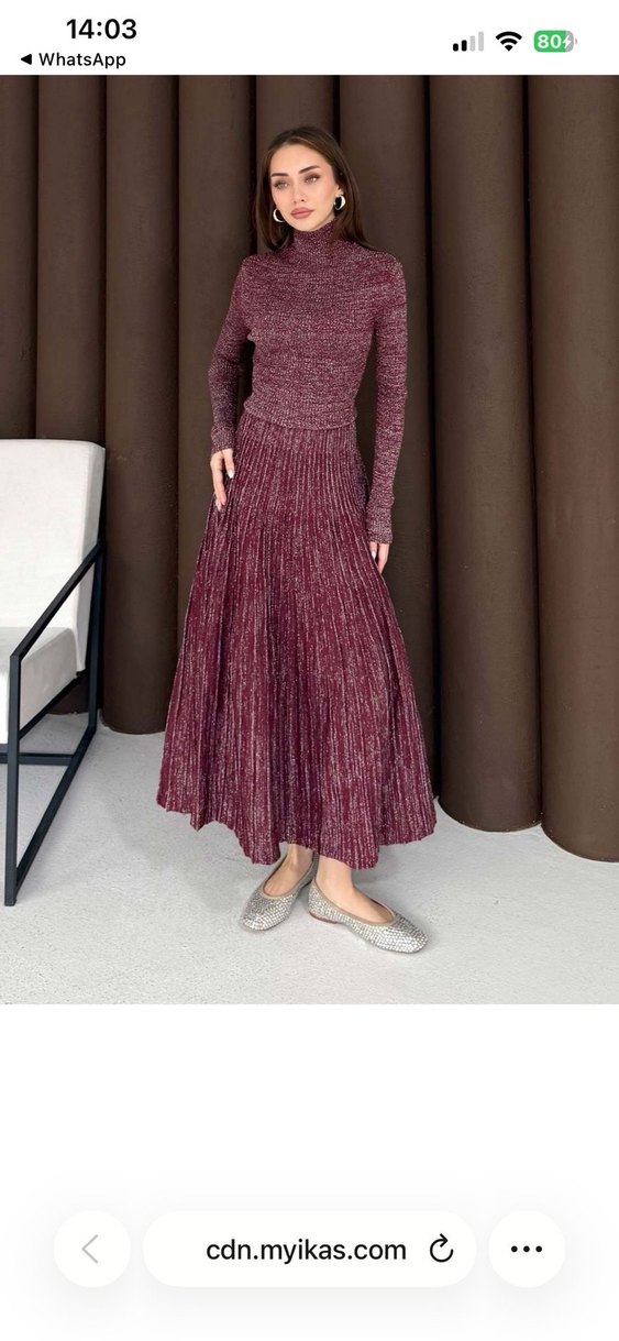 Bordo Parlak Triko Uzun Elbise - Görsel 2