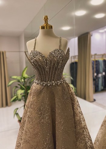 Bej İşlemeli Uzun Abiye Elbise - Görsel 2