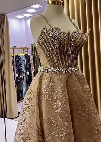 Bej İşlemeli Uzun Abiye Elbise - Görsel 5