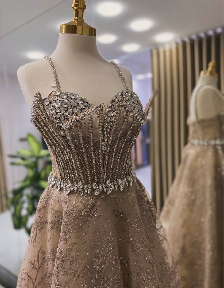 Bej İşlemeli Uzun Abiye Elbise - Görsel 3