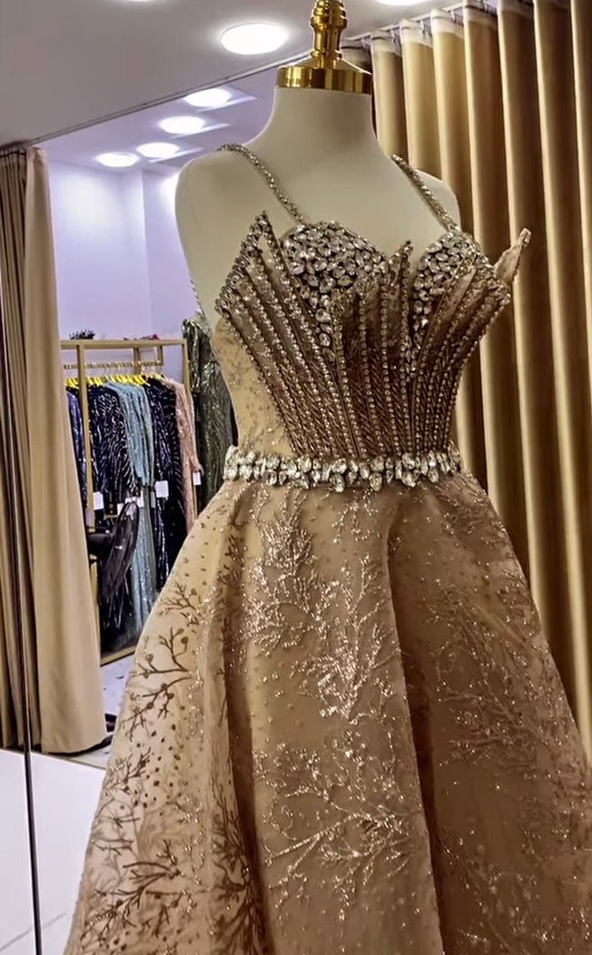 Bej İşlemeli Uzun Abiye Elbise - Görsel 5