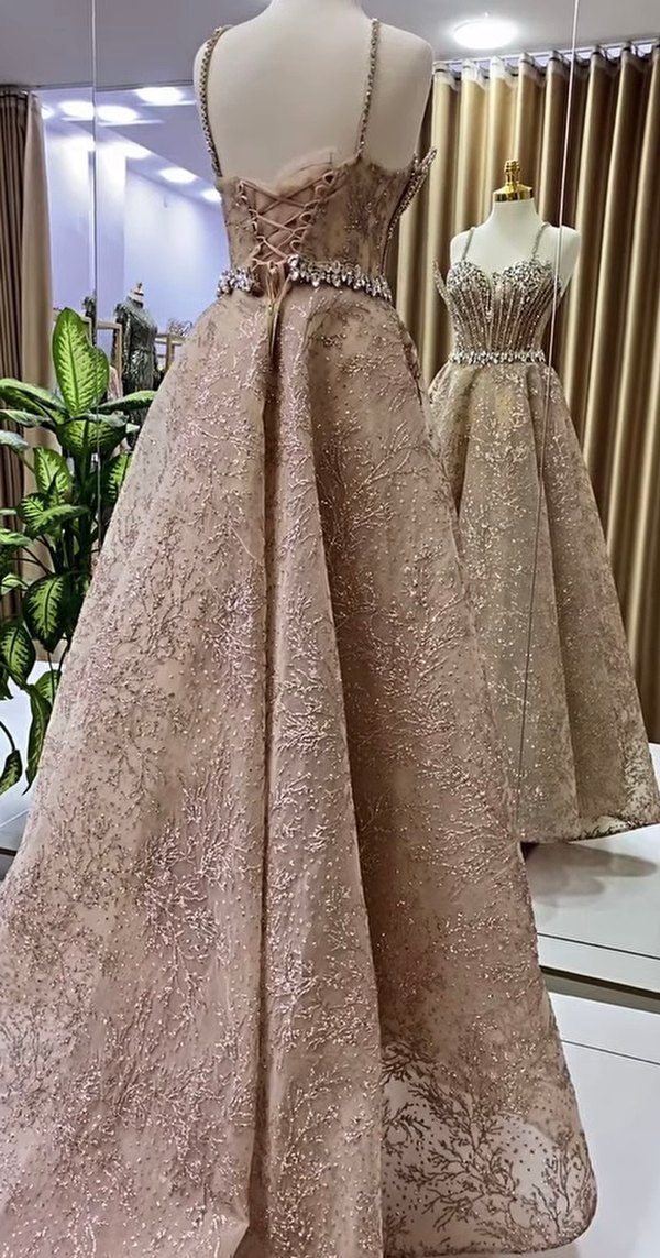 Bej İşlemeli Uzun Abiye Elbise - Görsel 4