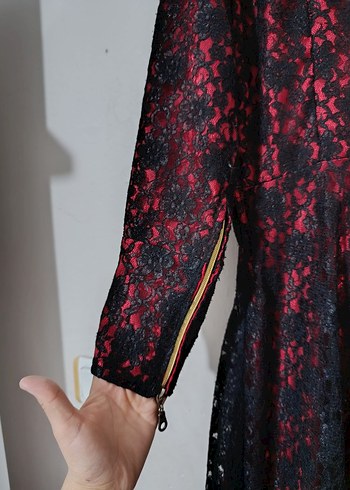 Bordo Dantel İşlemeli Uzun Kollu Uzun Elbise - Görsel 5