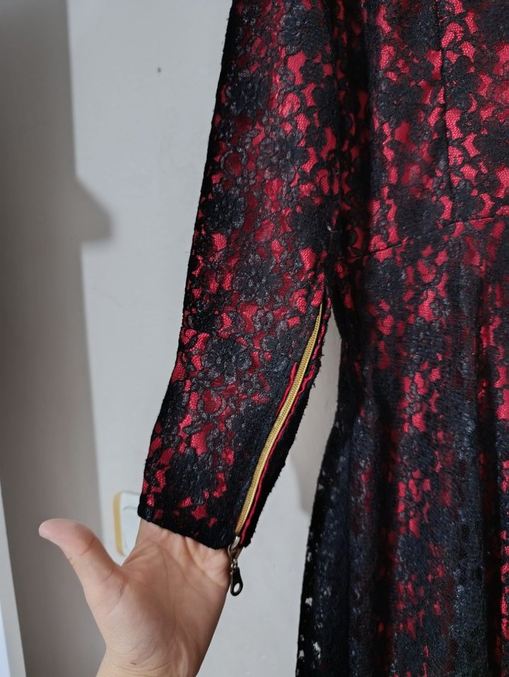 Bordo Dantel İşlemeli Uzun Kollu Uzun Elbise - Görsel 5