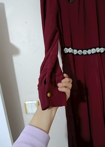 Bordo Nakışlı Uzun Kollu Vintage Abiye Elbise - Görsel 4
