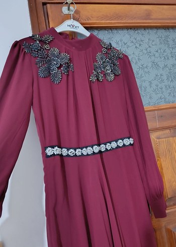 Bordo Nakışlı Uzun Kollu Vintage Abiye Elbise - Görsel 5
