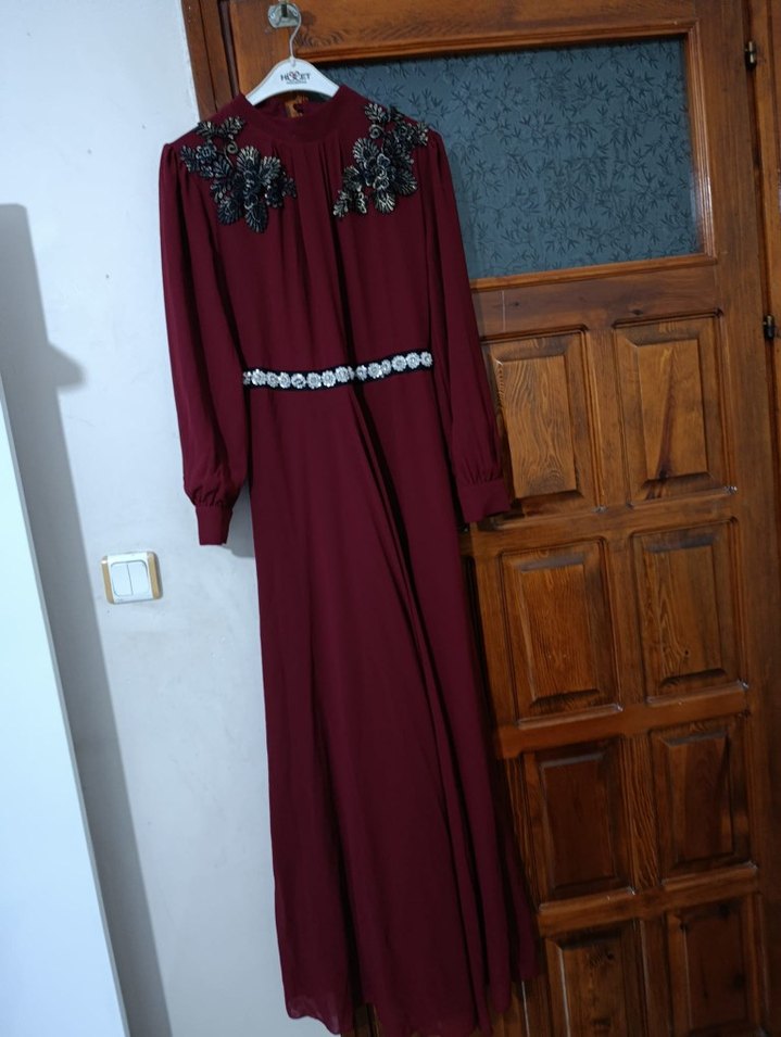 Bordo Nakışlı Uzun Kollu Vintage Abiye Elbise - Görsel 2