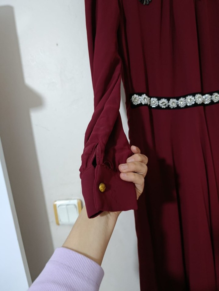 Bordo Nakışlı Uzun Kollu Vintage Abiye Elbise - Görsel 4