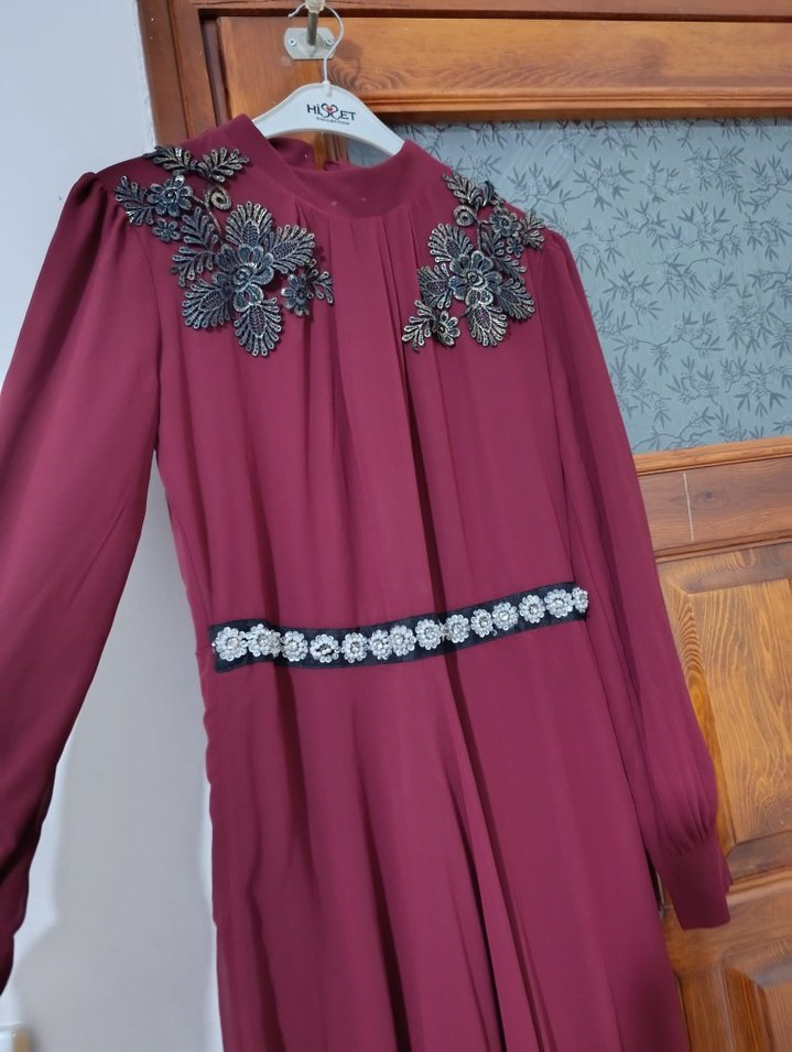 Bordo Nakışlı Uzun Kollu Vintage Abiye Elbise - Görsel 5