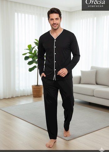 V Yaka Uzun Kollu Mavi Erkek Pijama Takımı - Görsel 2