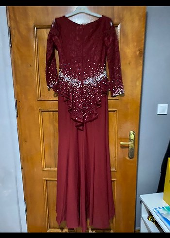 Bordo Uzun Kollu İşlemeli Abiye Elbise - Görsel 3