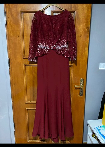 Bordo Uzun Kollu İşlemeli Abiye Elbise - Görsel 2
