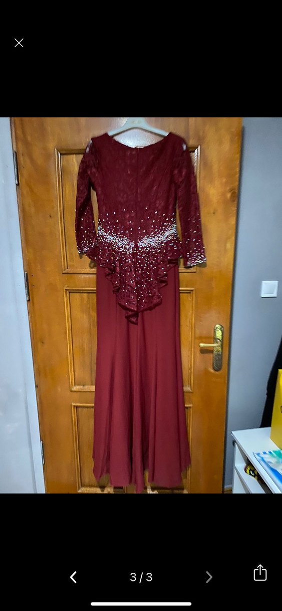 Bordo Uzun Kollu İşlemeli Abiye Elbise - Görsel 3