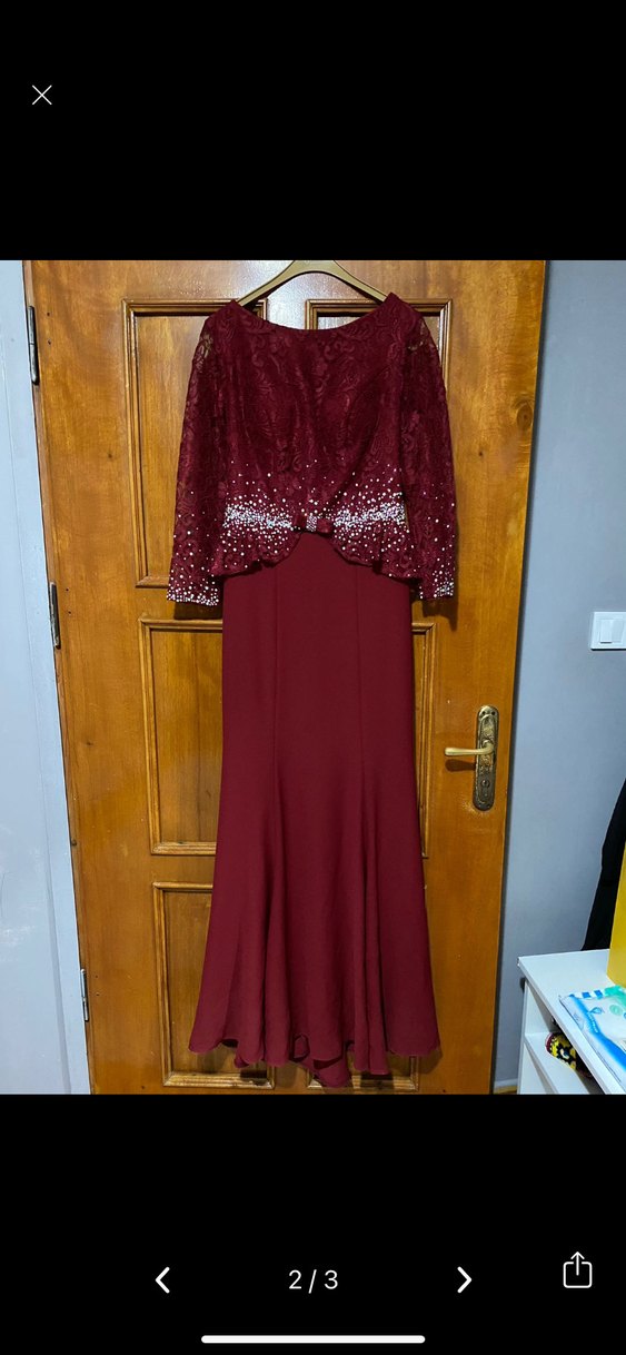 Bordo Uzun Kollu İşlemeli Abiye Elbise - Görsel 2