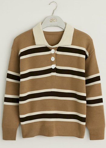 KADIN POLO YAKA ÇİZGİLİ TRiKO KAzAK - Görsel 3