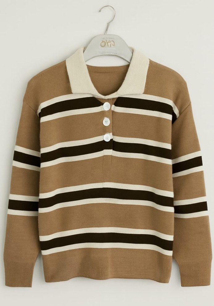 KADIN POLO YAKA ÇİZGİLİ TRiKO KAzAK - Görsel 3