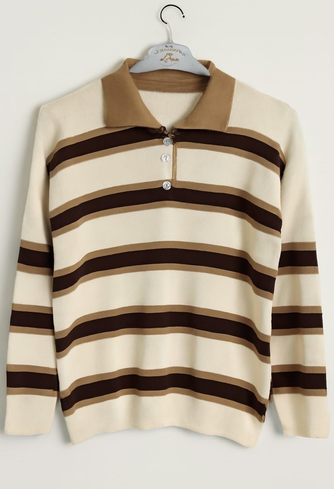 KADIN POLO YAKA ÇİZGİLİ TRiKO KAzAK - Görsel 3