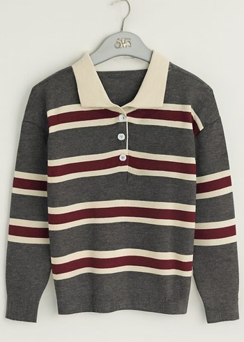 KADIN POLO YAKA ÇİZGİLİ TRİKO KAZAK - Görsel 2