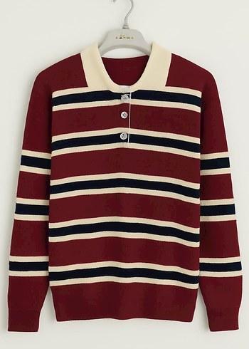 KADIN POLO YAKA ÇİZGİLİ TRİKO KAZAK - Görsel 6