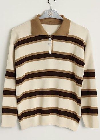 KADIN POLO YAKA ÇİZGİLİ TRİKO KAZAK - Görsel 3