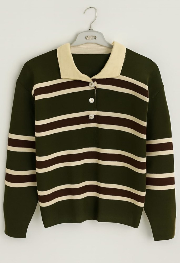 KADIN POLO YAKA ÇİZGİLİ TRİKO KAZAK - Görsel 5