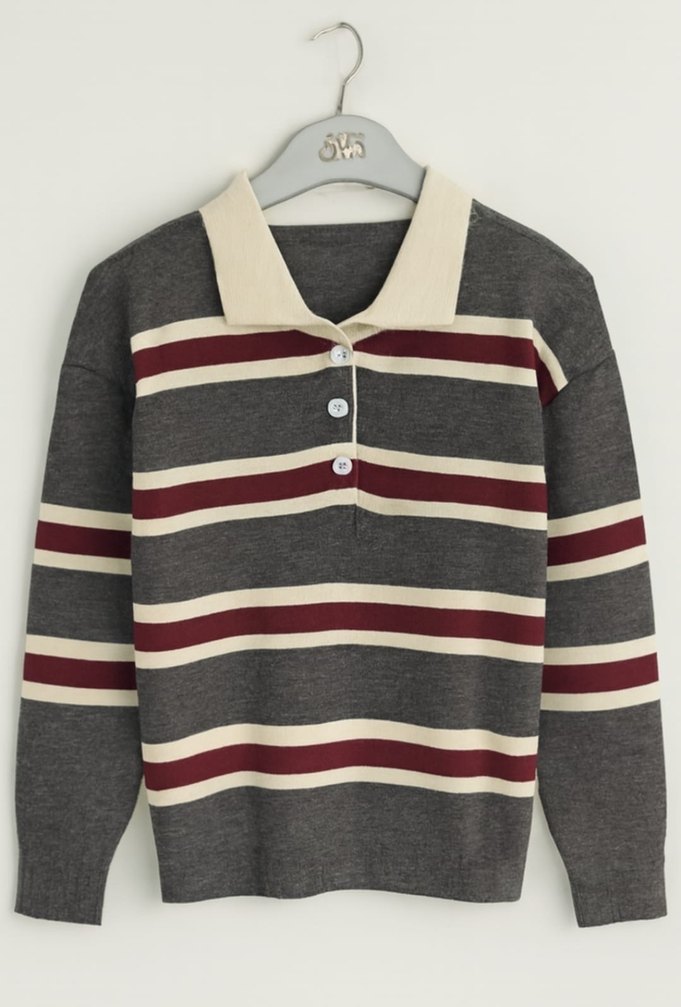 KADIN POLO YAKA ÇİZGİLİ TRiKO KAzAK - Görsel 3