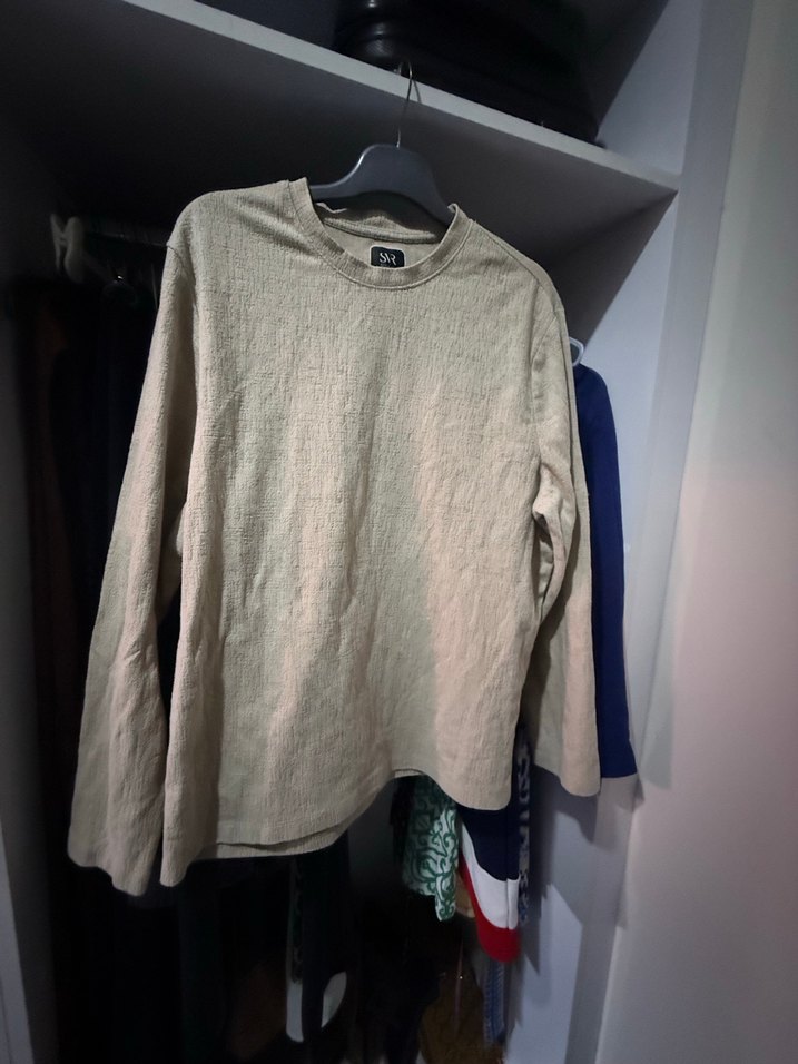 Krem ince dokuma Unisex Uzun Kollu Salaş bluz - Görsel 2