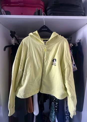 Kadın Sarı Salaş Kapüşonlu fermuarlı kısa sweatshirte - Görsel 2