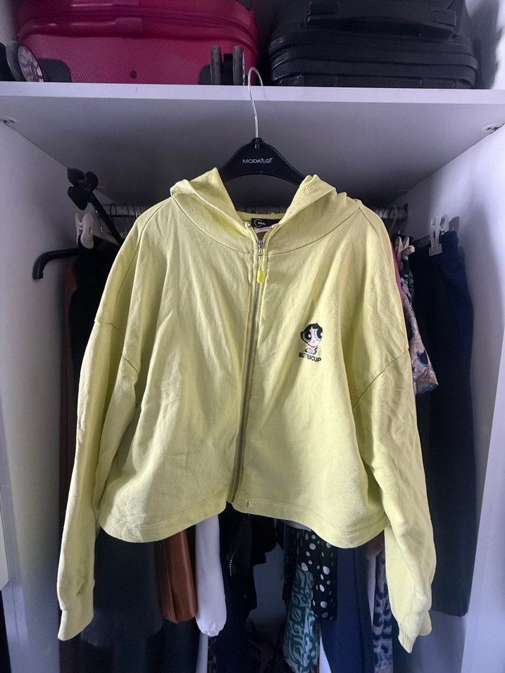 Kadın Sarı Salaş Kapüşonlu fermuarlı kısa sweatshirte - Görsel 2