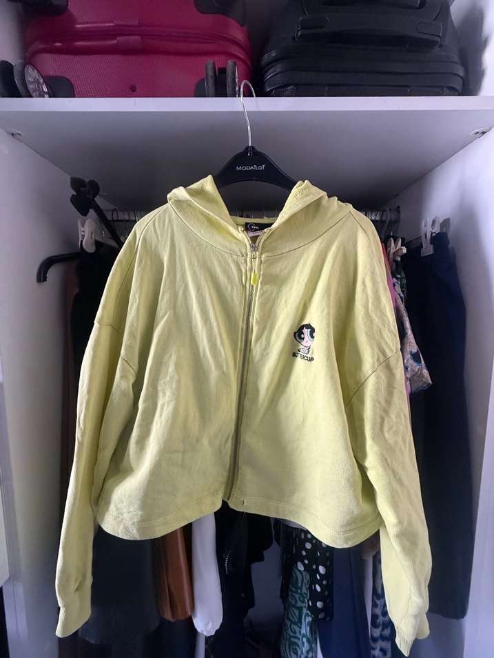 Kadın Sarı Salaş Kapüşonlu fermuarlı kısa sweatshirte - Görsel 3