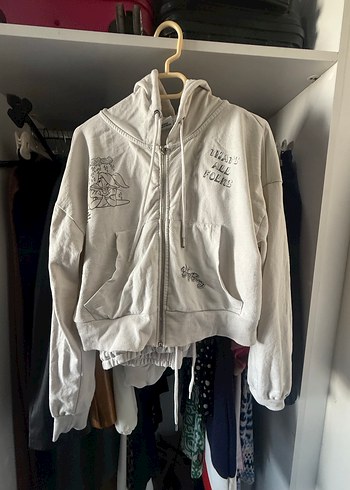 Baskılı Beyaz Fermuarlı Kadın eşofman takımı - Görsel 3