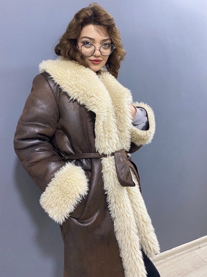 Kahverengi Kürklü Kadın Deri Ceket - Görsel 2