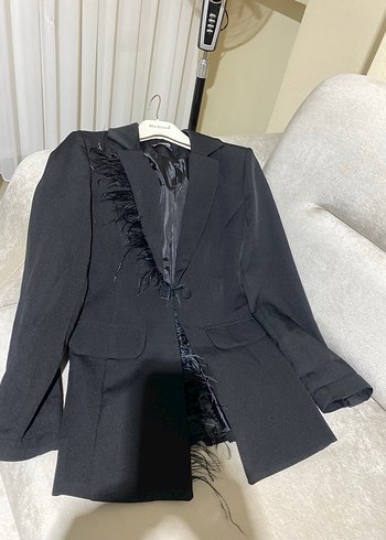 Uzun Siyah Kadın Blazer, Çentikli Yaka, Yırtmaçlı - Görsel 3