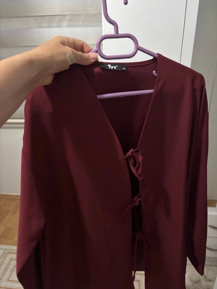 Bordo V Yaka Uzun Kollu Kadın Ceket - Görsel 3