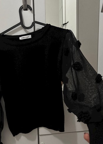 Siyah Örgü Kadın Bluz, Uzun Kollu, Salaş - Görsel 2