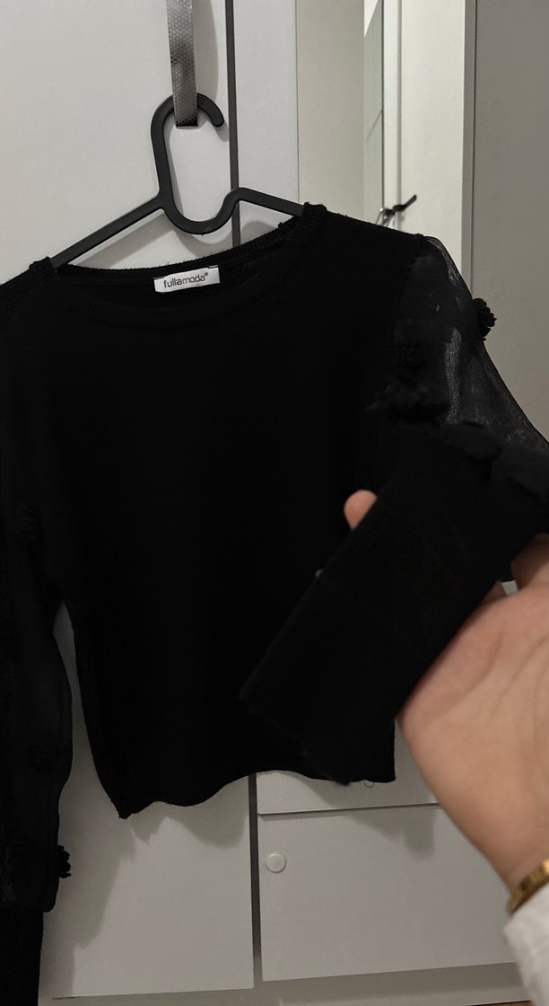 Siyah Örgü Kadın Bluz, Uzun Kollu, Salaş - Görsel 3