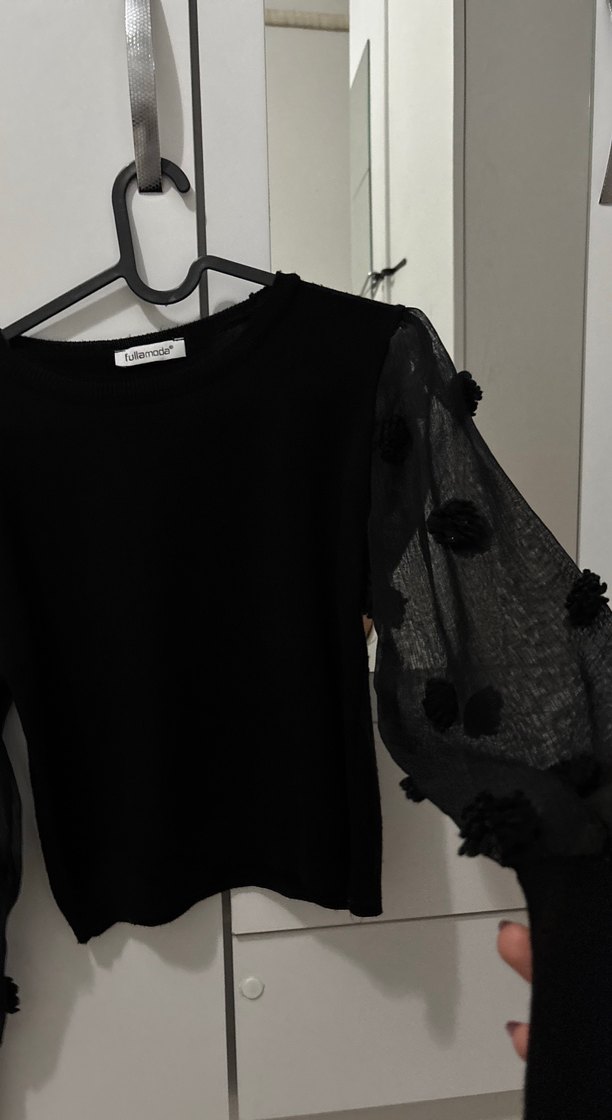 Siyah Örgü Kadın Bluz, Uzun Kollu, Salaş - Görsel 2