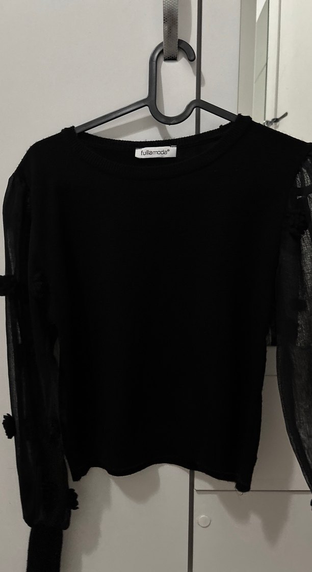 Siyah Örgü Kadın Bluz, Uzun Kollu, Salaş - Görsel 4