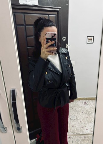 Kemerli Siyah Yılan Desenli Deri Ceket - Görsel 3