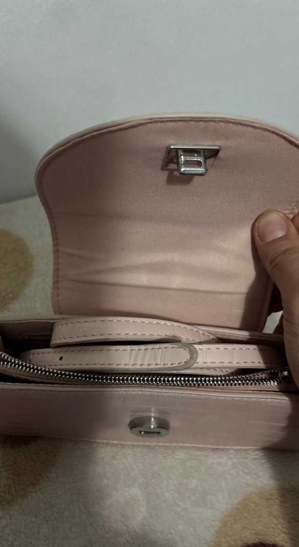 Pastel Pembe Deri Yılan Desenli Fermuarlı Çanta - Görsel 2