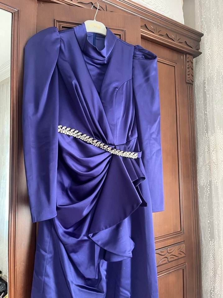 Kadın Mor Uzun Drapeli Abiye Elbise - Görsel 2