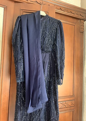 Uzun Kol Drapeli Lacivert Abiye Elbise - Görsel 6