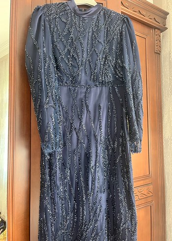 Uzun Kol Drapeli Lacivert Abiye Elbise - Görsel 3